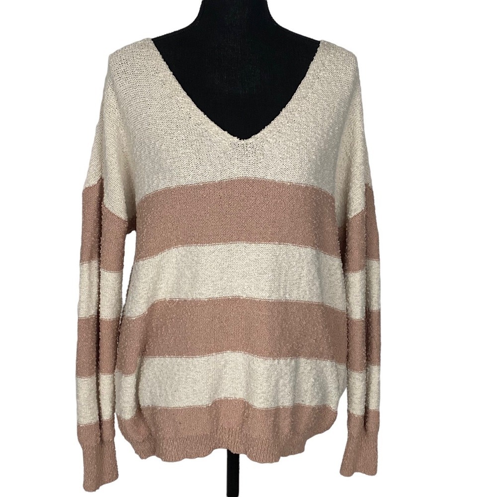 KNOX ROSE Women Long Sleeve Pullover Chunky Sweater Sz L Tan Striped 59-13